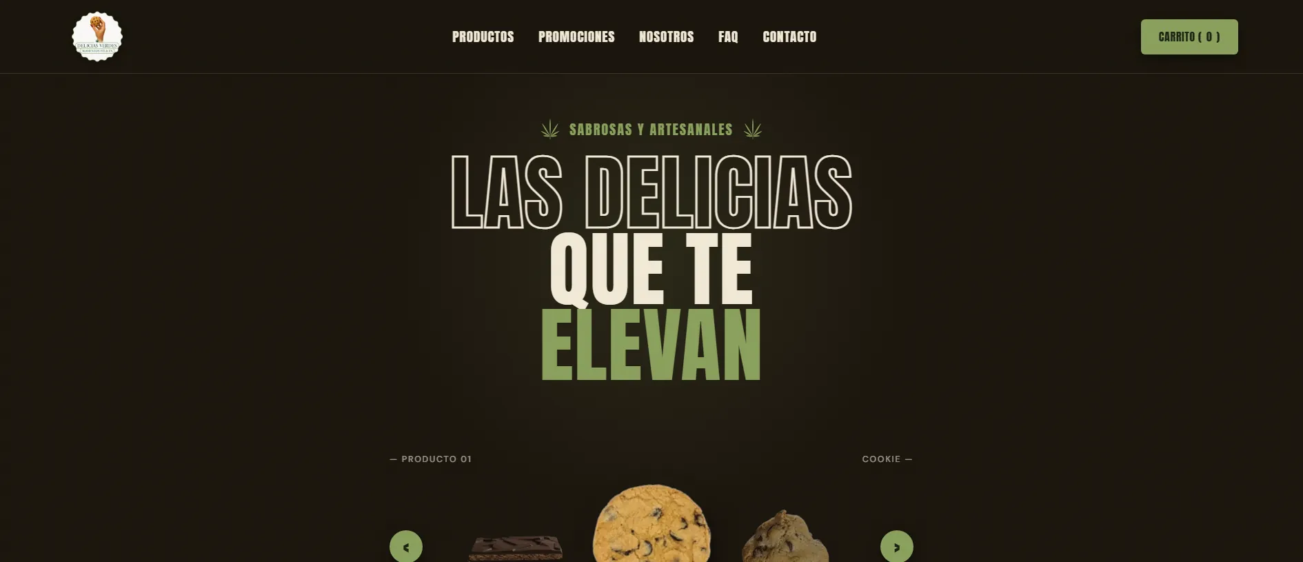 Inicio de deliciasverdes.datio.com.ar: «Las delicias que te elevan», carrito de compras y un carrusel de cookies y tabletas sobre fondo oscuro