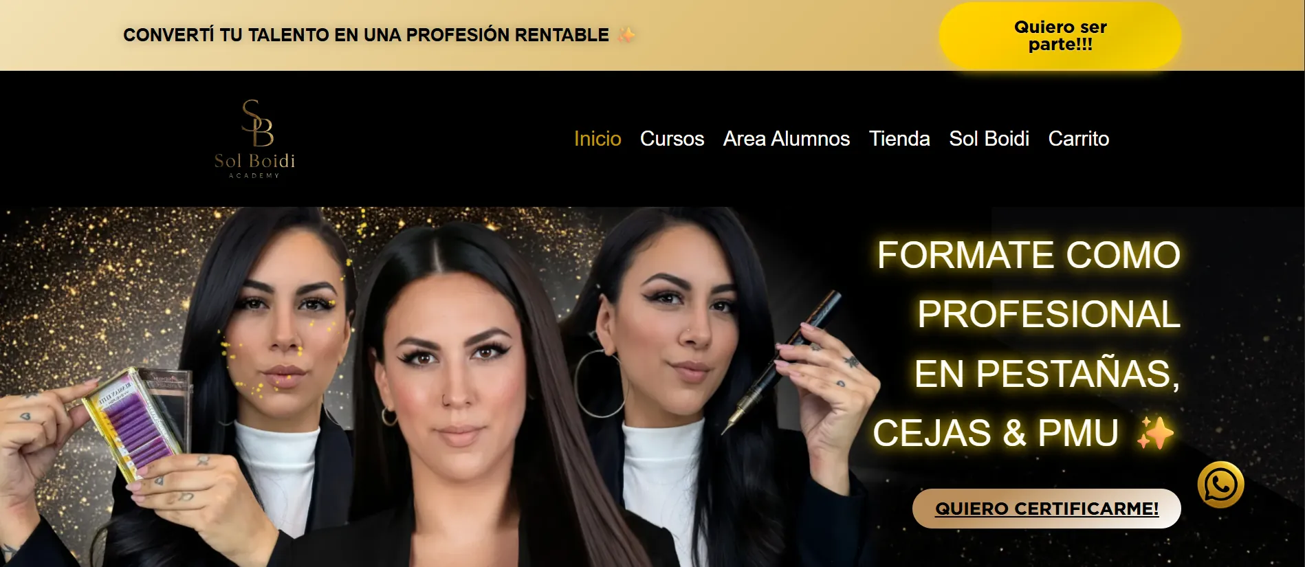 Inicio de solboidiacademy.com: academia de belleza online con cursos de pestañas, cejas y micropigmentación, menú con cursos, área de alumnos y tienda